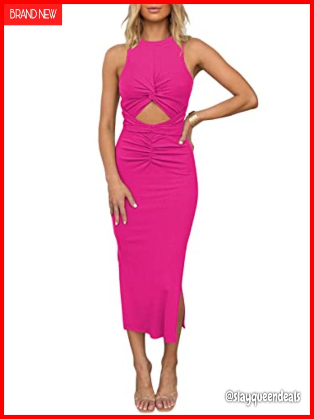 Sleeveless Cut Out Bodycon Midi Dress Ribbed Knit Twist Slit Slim Fit